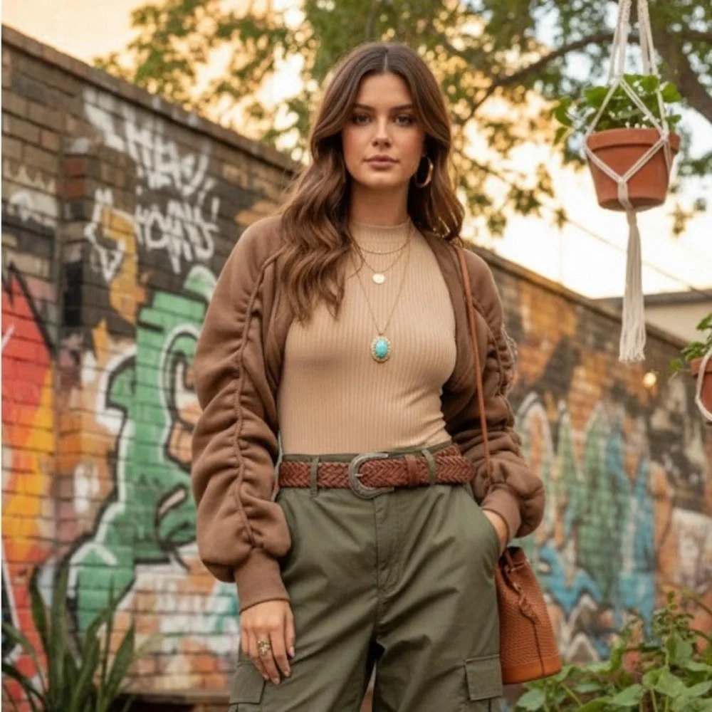 Brown Bomber Jacket with Beige Top